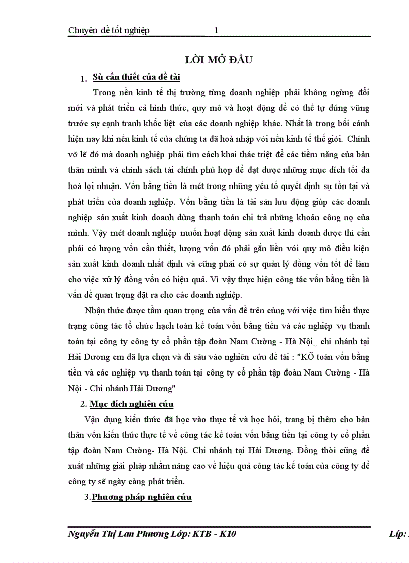 Kế toán vốn bằng tiền và các nghiệp vụ thanh toán tại công ty cổ phần tập đoàn Nam Cường Hà Nội Chi nhánh Hải Dương