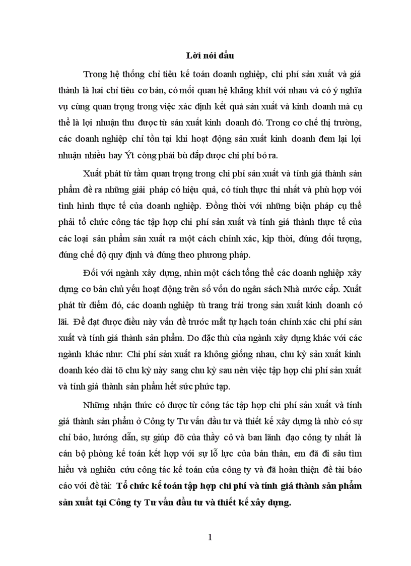 Tổ chức tập hợp chi phí sản xuất và tính giá thành sản phẩm tại Công ty Tư vấn đầu tư và thiết kế xây dựng 1