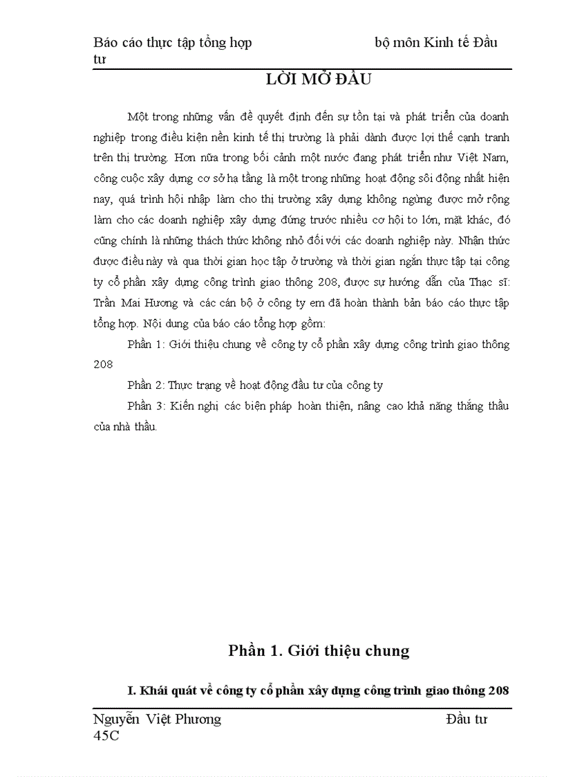 Báo cáo thực tập tổng hợp tại Công ty cổ phần xây dựng công trình giao thông 208