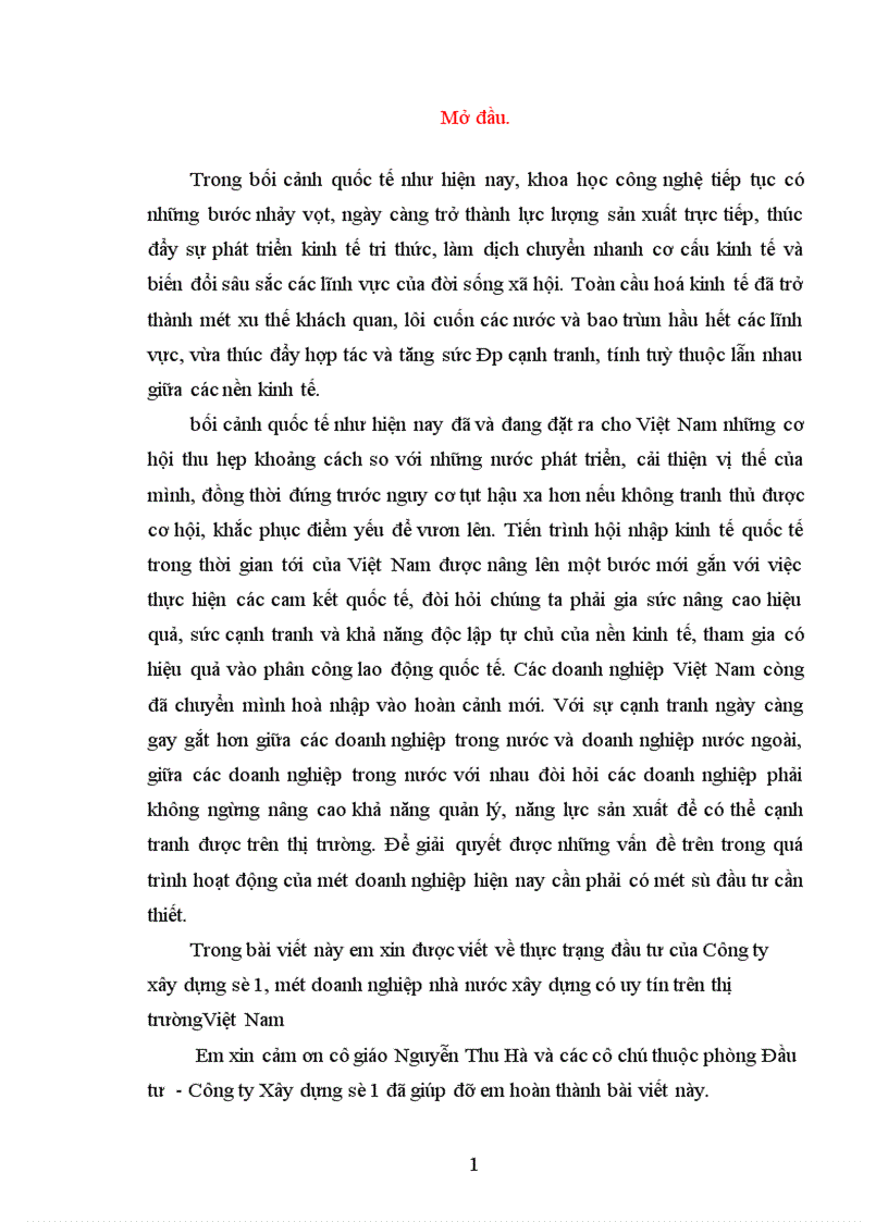 Thực trạng đầu tư của công ty xây dựng số 1