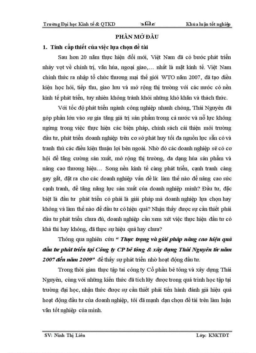 Thực trạng và giải pháp nâng cao hiệu quả đầu tư phát triển tại Công ty CP bê tông xây dựng Thái Nguyên từ năm 2007 đến năm 2009