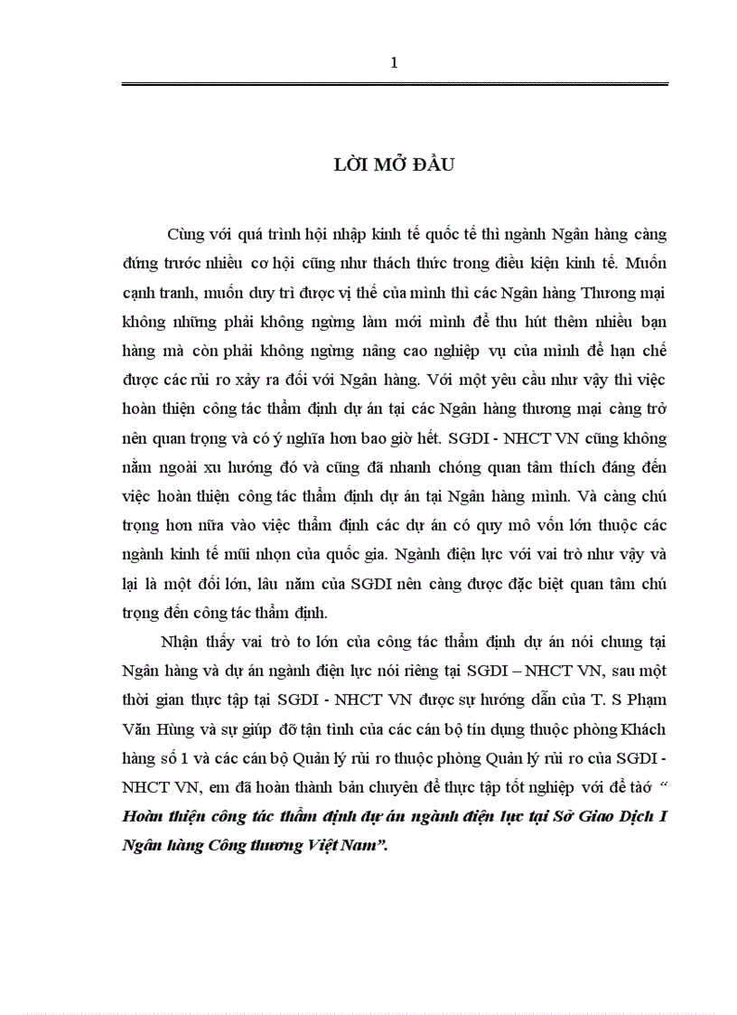 Thực trạng công tác thẩm định dự án ngành điện lực tại sở giao dịch i ngân hàng công thương việt nam