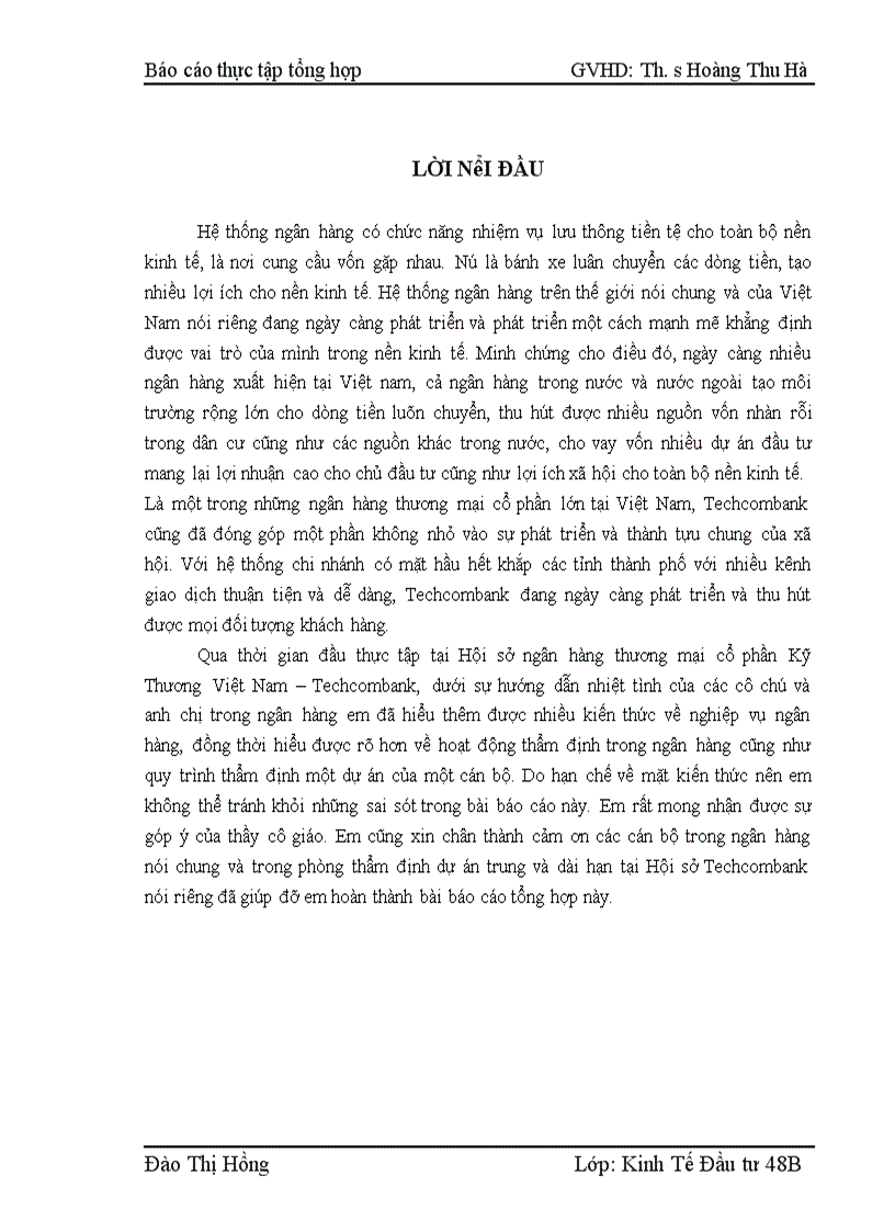 Báo cáo thực tập tổng hợp tại ngân hàng thương mại cổ phần Kỹ Thương Việt Nam Techcombank