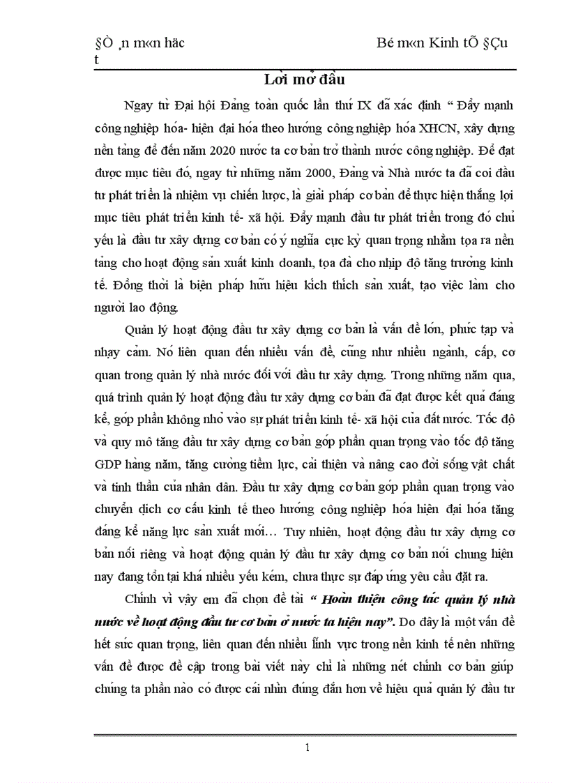 Thực trạng công tác quuản lí nhà nước về hoạt động đầu tư xdcb ở nước ta