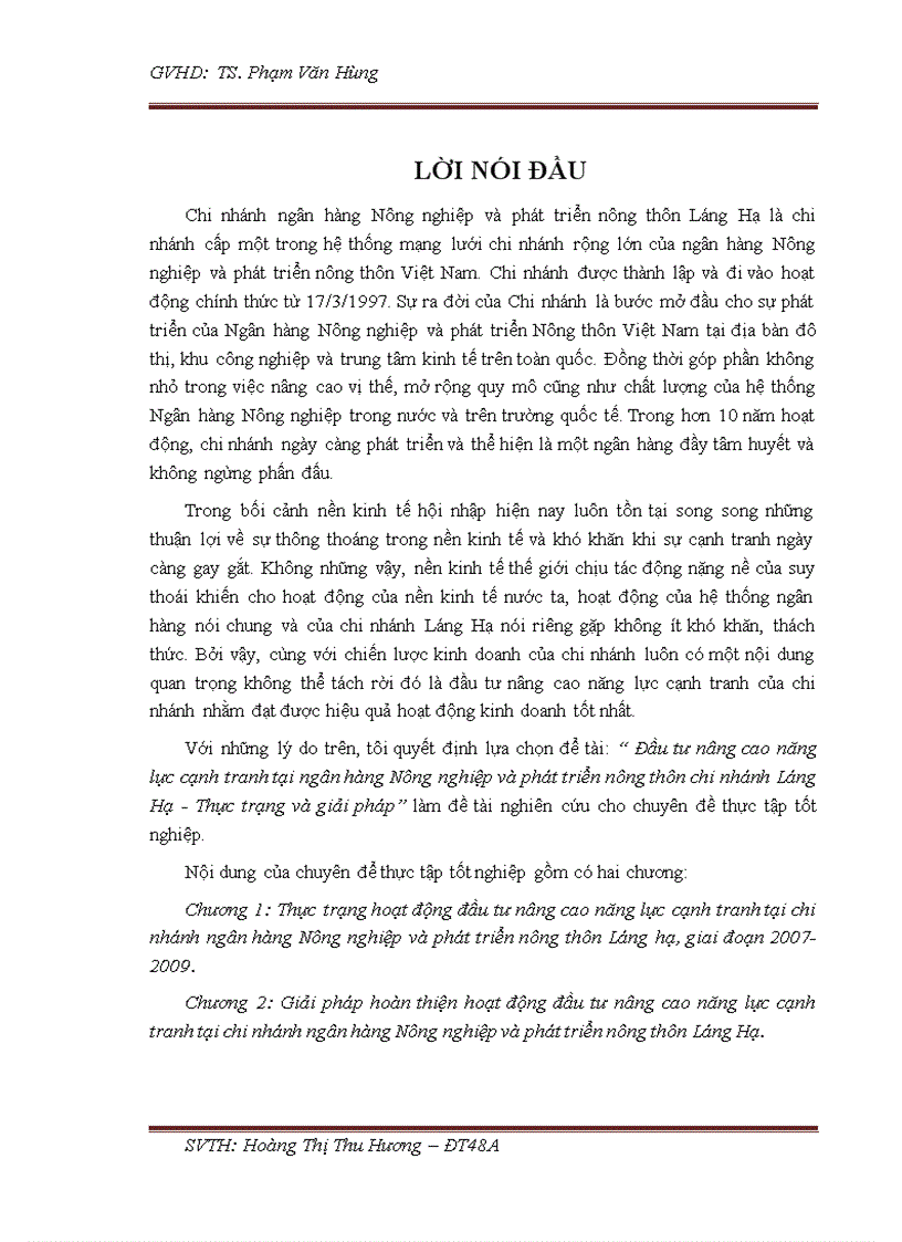 Đầu tư nâng cao năng lực cạnh tranh tại ngân hàng Nông nghiệp và phát triển nông thôn chi nhánh Láng Hạ - Thực trạng và giải pháp
