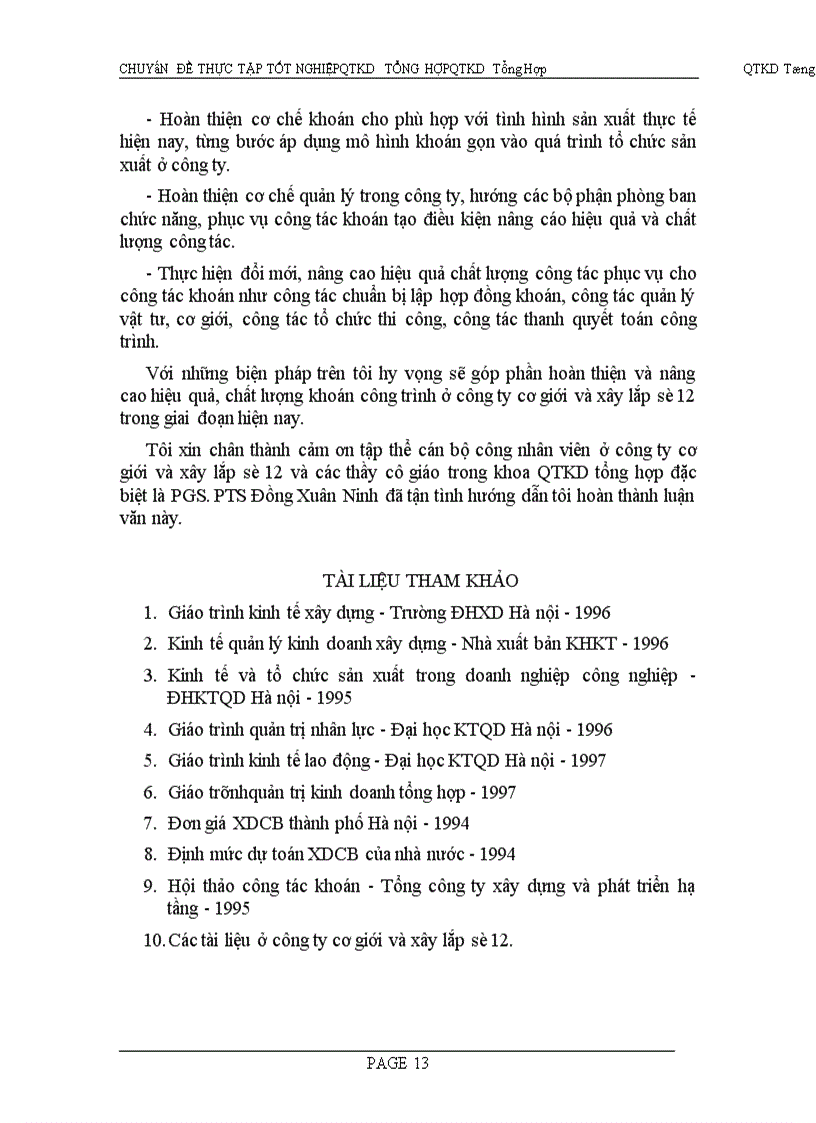 Những giải pháp nhằm hoàn thiện và nâng cao chất lượng khoán công trình ở công ty cơ giới và xây lắp số 12 trong giai đoạn hiện nay.