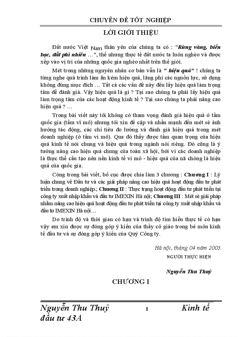 Một số giải pháp nhằm nâng cao hiệu quả hoạt động đầu tư phát triển tại công ty xuất nhập khẩu và đầu tư IMEXIN Hà nội 1
