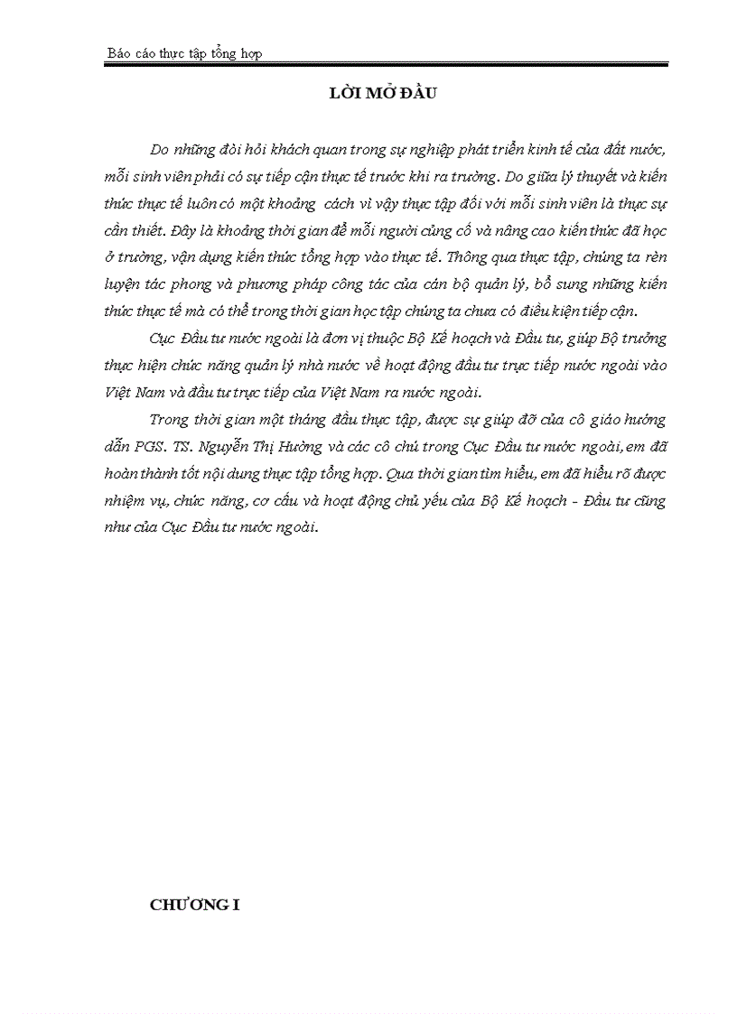 báo cáo thực tập tổng hợp tại Cục Đầu tư nước ngoài Bộ Kế hoạch và Đầu tư