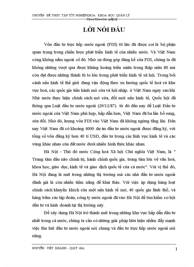 Một số giải pháp nhằm đẩy mạnh việc thu hút vốn đầu tư trực tiếp nước ngoài vào Hà Nội trong thời gian tới