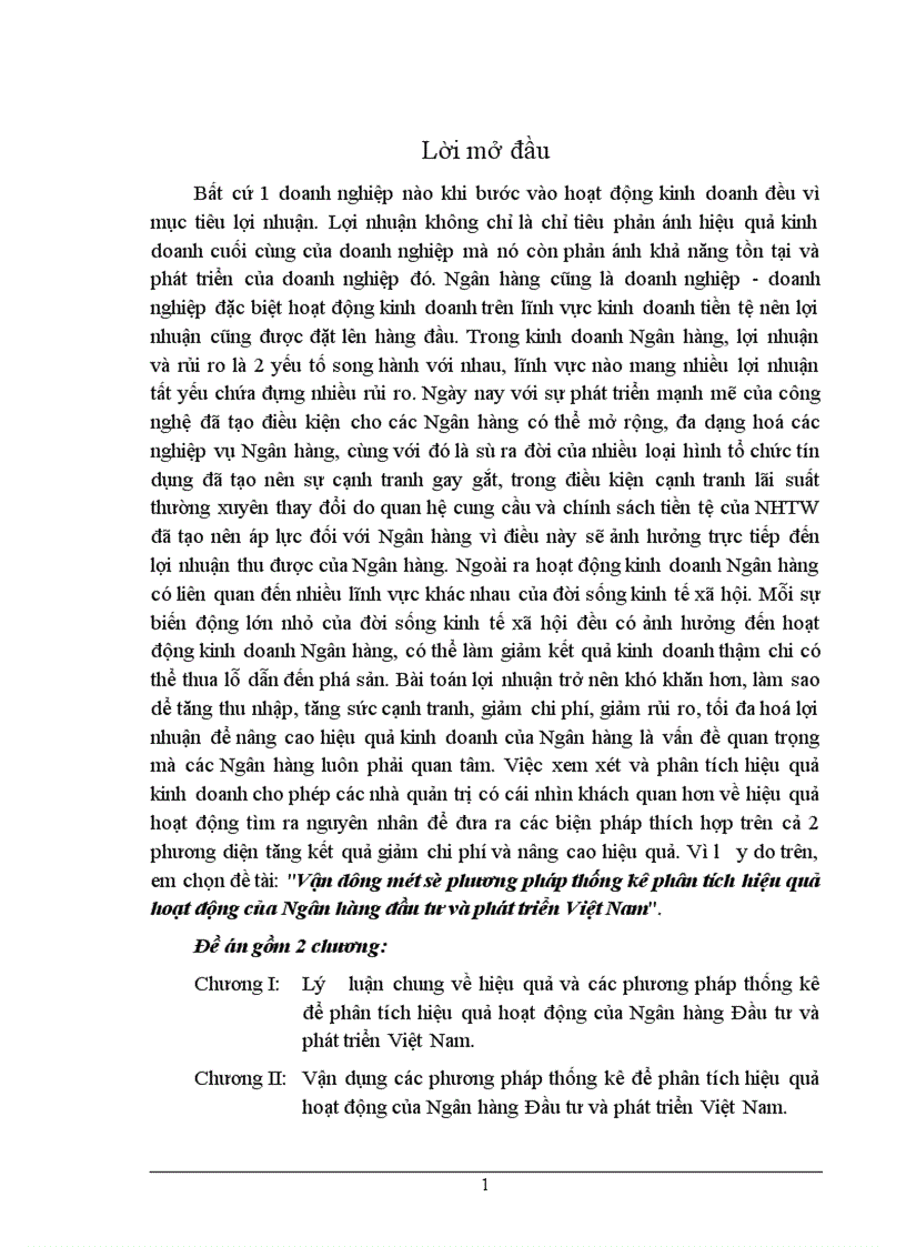 Vận dụng một số phương pháp thống kê phân tích hiệu quả hoạt động của Ngân hàng đầu tư và phát triển Việt Nam