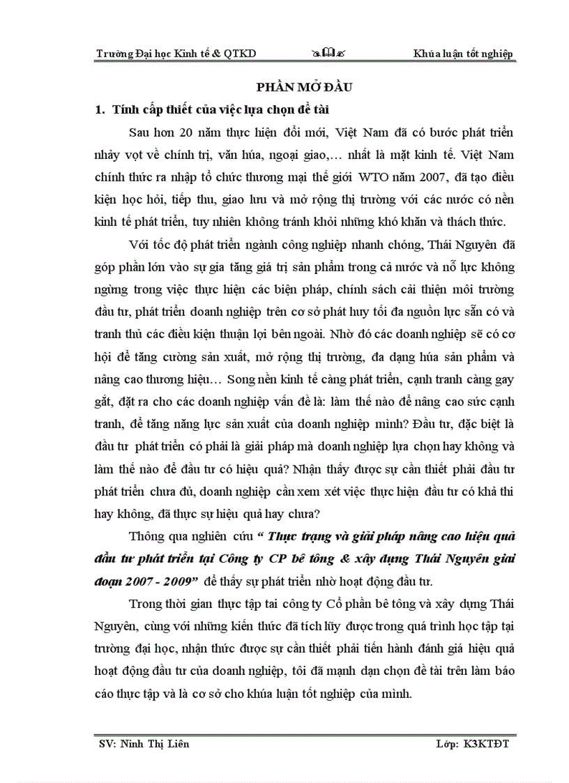 Thực trạng và giải pháp nâng cao hiệu quả đầu tư phát triển tại Công ty CP bê tông xây dựng Thái Nguyên giai đoạn 2007 2009