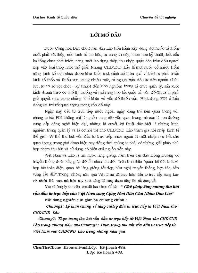 Giải pháp tăng cường thu hút vốn đầu tư trực tiếp của Việt Nam sang Cộng Hoà Dân Chủ Nhân Dân Lào 1