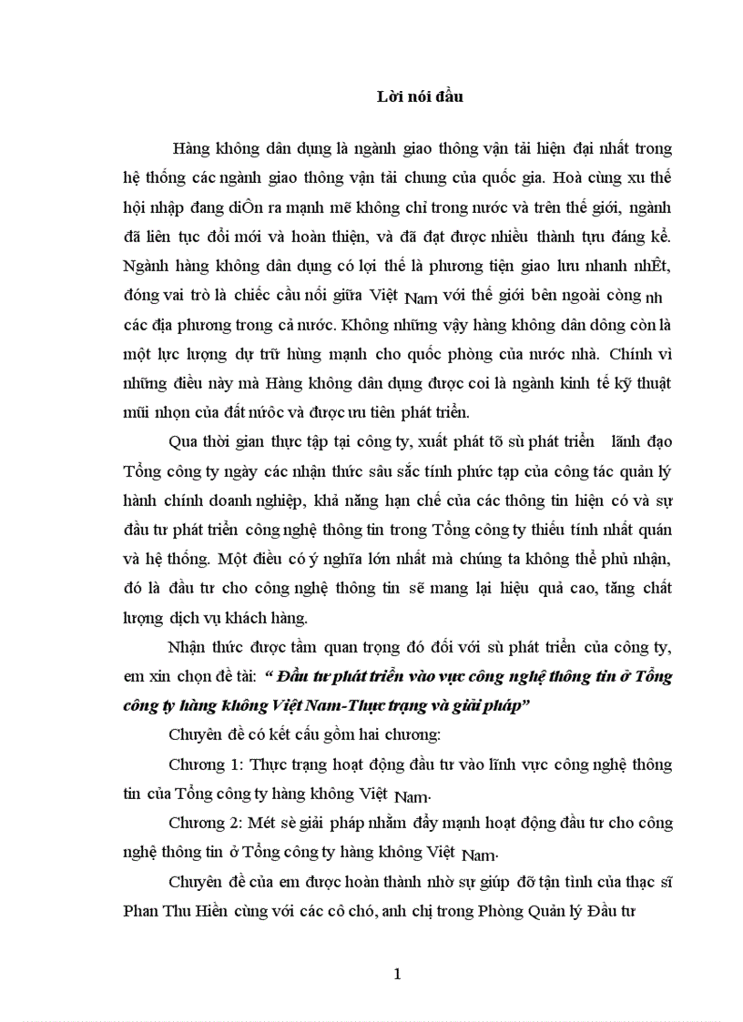 Đầu tư phát triển vào vực công nghệ thông tin ở Tổng công ty hàng không Việt Nam Thực trạng và giải pháp 1