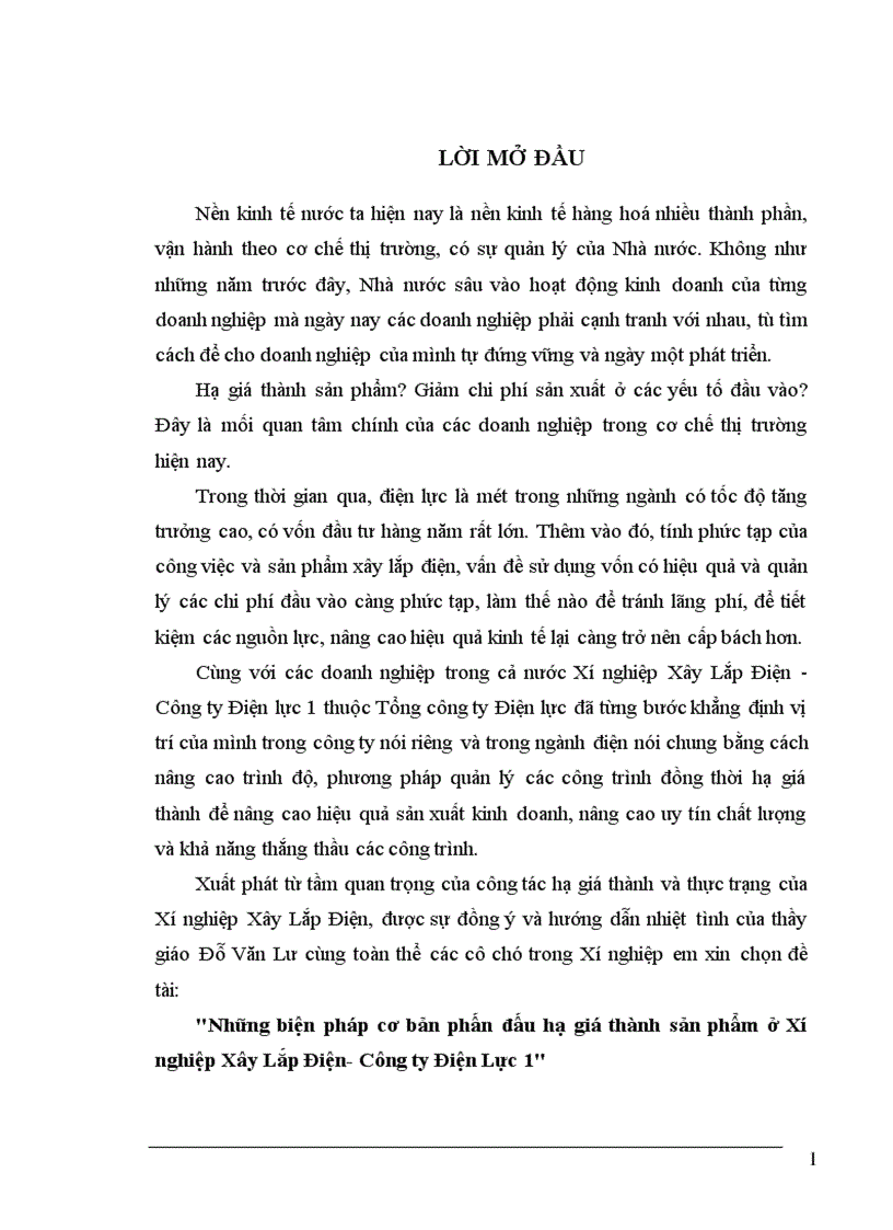 Những biện pháp cơ bản phấn đấu hạ giá thành sản phẩm ở Xí nghiệp Xây Lắp Điện Công ty Điện Lực 1 1
