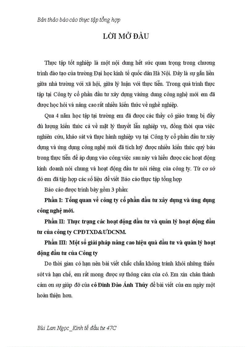 Báo cáo thực tập tổng hợp tại công ty cổ phần đầu tư xây dựng và ứng dụng công nghệ mới