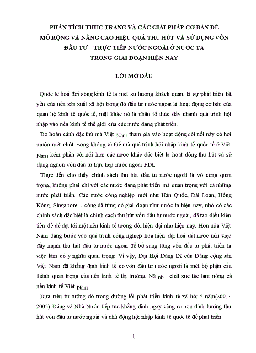Phân tích thực trạng và các giải pháp cơ bản để mở rộng và nâng cao hiệu quả thu hút và sử dụng vốn đầu tư trực tiếp nước ngoài ở nước ta trong giai đoạn hiện nay