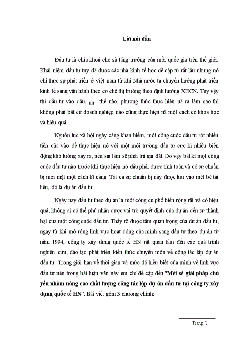 Một số giải pháp chủ yếu nhằm nâng cao chất lượng công tác lập dự án đầu tư tại công ty xây dựng quốc tế HN 1