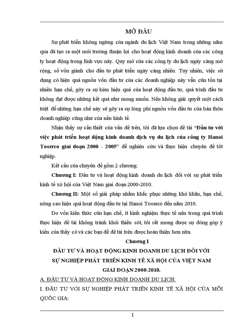 Đầu tư với việc phát triển hoạt động kinh doanh dịch vụ du lịch của công ty Hanoi Toserco giai đoạn 2000 2005 1