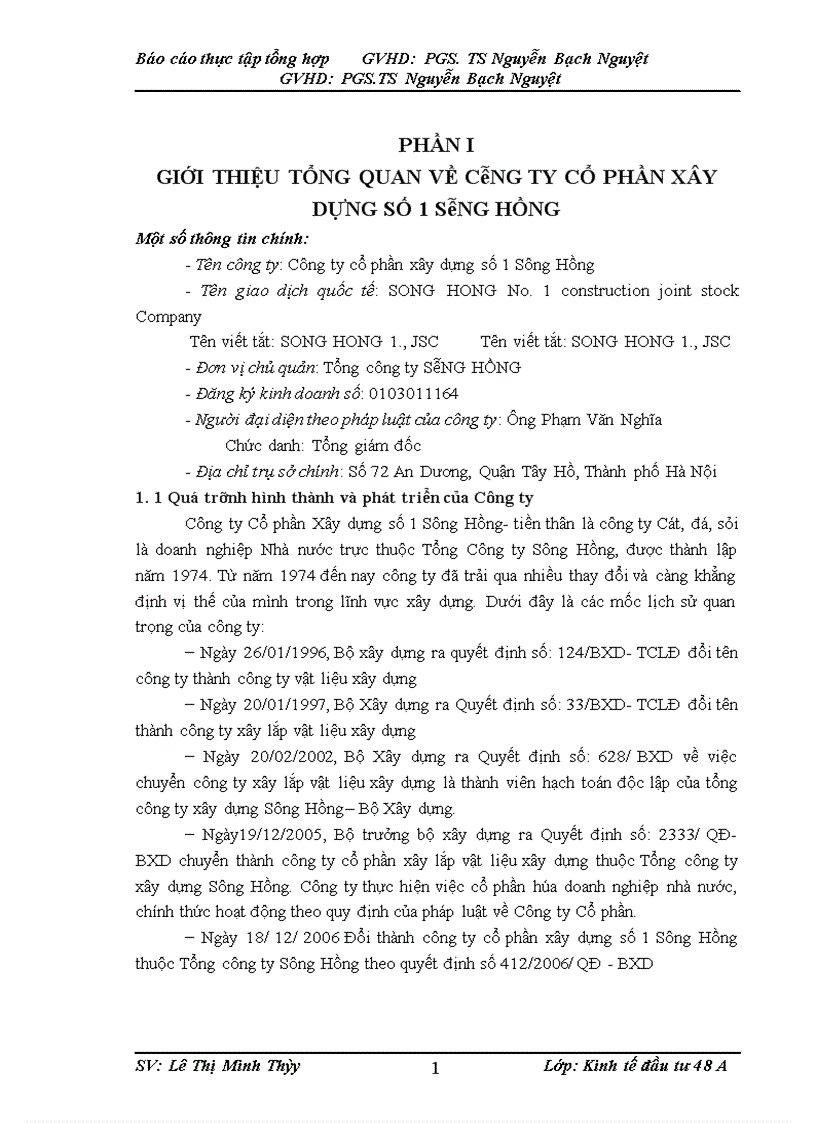 Báo cáo thực tập tổng hợp tại Công ty cổ phần xây dựng số 1 sông hồng