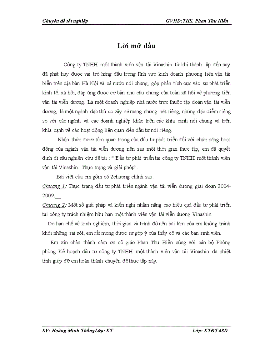 Đầu tư phát triển tại công ty TNHH một thành viên vận tải Vinashin Thực trạng và giải pháp