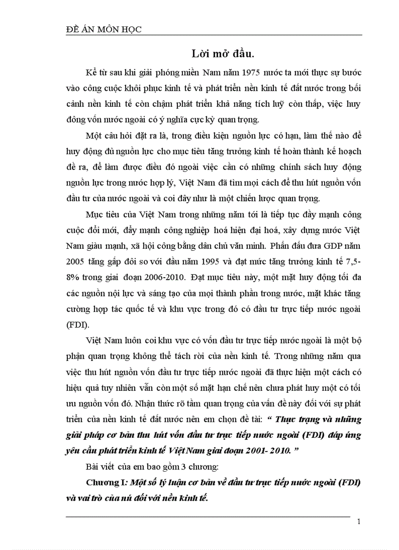 Thực trạng và những giải pháp cơ bản thu hút vốn đầu tư trực tiếp nước ngoài FDI đáp ứng yêu cầu phát triển kinh tế Việt Nam giai đoạn 2001 2010 1