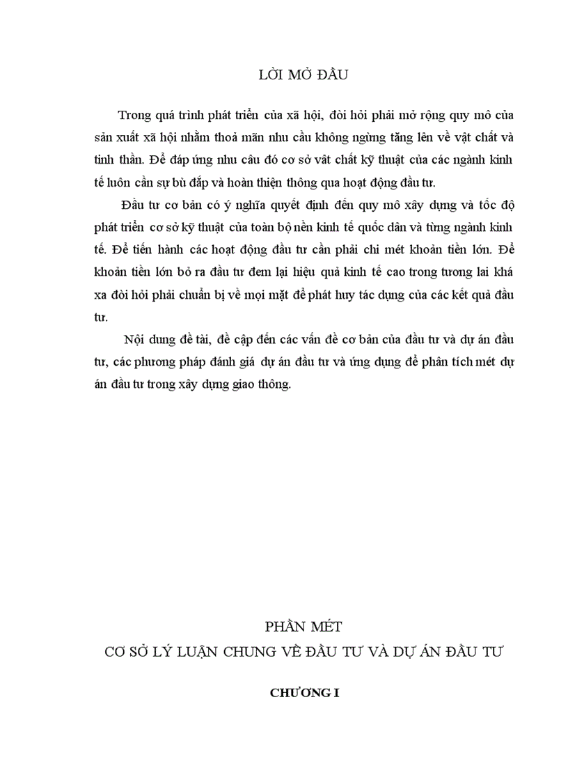 các vấn đề cơ bản của đầu tư và dự án đầu tư các phương pháp đánh giá dự án đầu tư và ứng dụng để phân tích một dự án đầu tư trong xây dựng giao thông 1