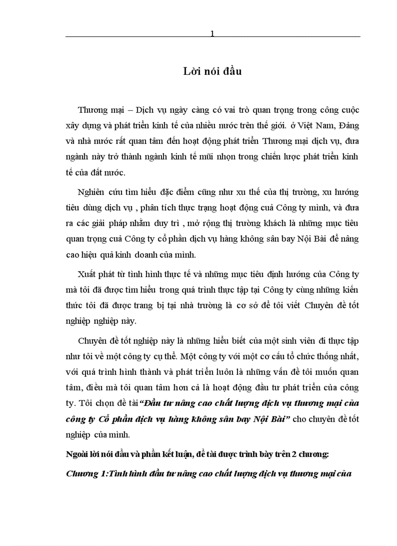 Đầu tư nâng cao chất lượng dịch vụ thương mại của công ty Cổ phần dịch vụ hàng không sân bay Nội Bài 1