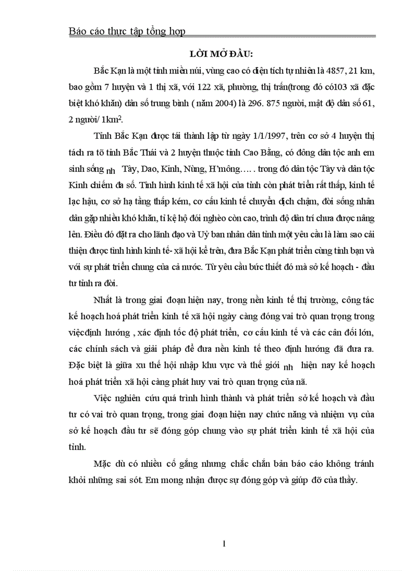 Báo cáo thực tập tổng hợp tại sở kế hoạch và đầu tư tỉnh Bắc Kạn