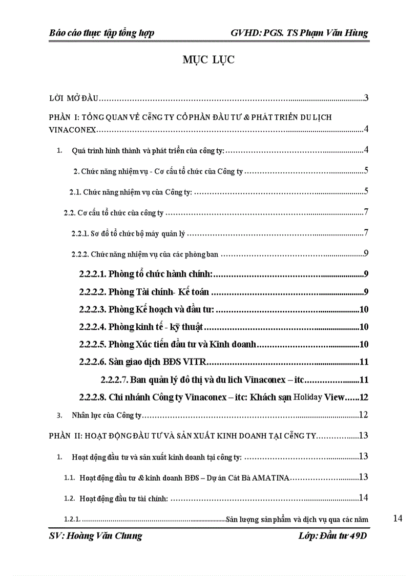 Báo cáo thực tập tổng hợp tại Công ty cổ phần đầu tư và phat triển du lịch Vinaconex itc