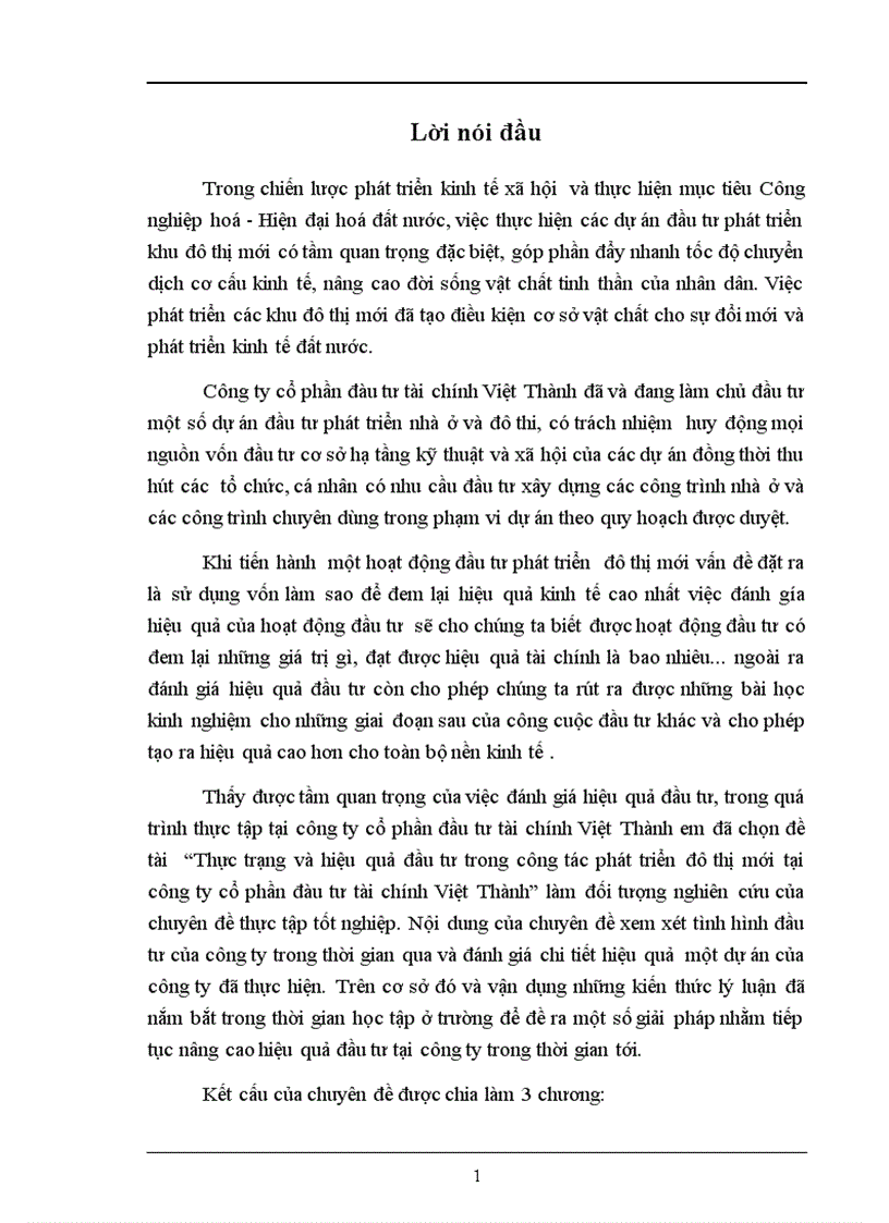 Thực trạng và hiệu quả đầu tư trong công tác phát triển đô thị mới tại công ty cổ phần đàu tư tài chính Việt Thành 1