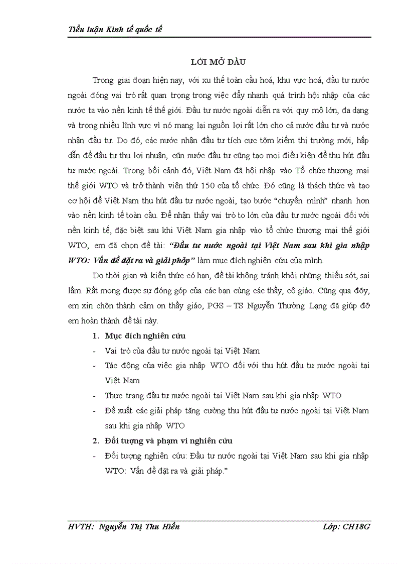Đầu tư nước ngoài tại Việt Nam sau khi gia nhập WTO Vấn đề đặt ra và giải pháp