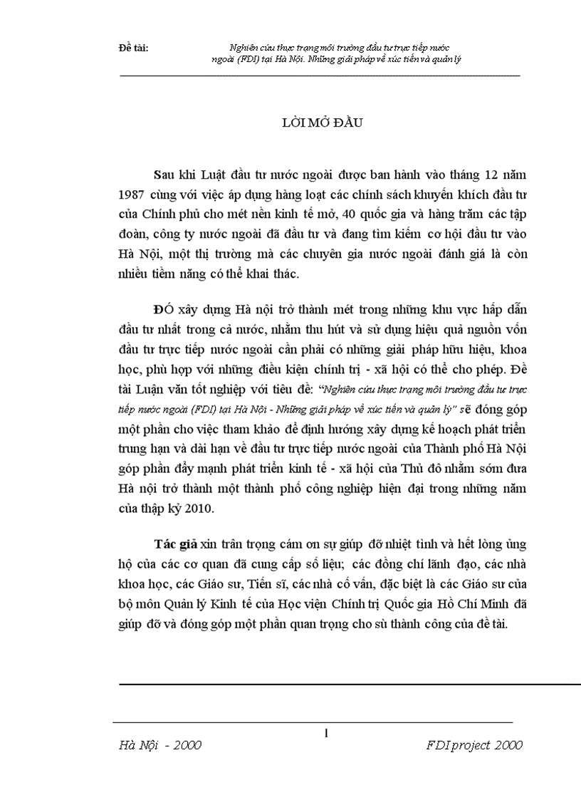 Nghiên cứu thực trạng môi trường đầu tư trực tiếp nước ngoài FDI tại Hà Nội Những giải pháp về xúc tiến và quản lý 1