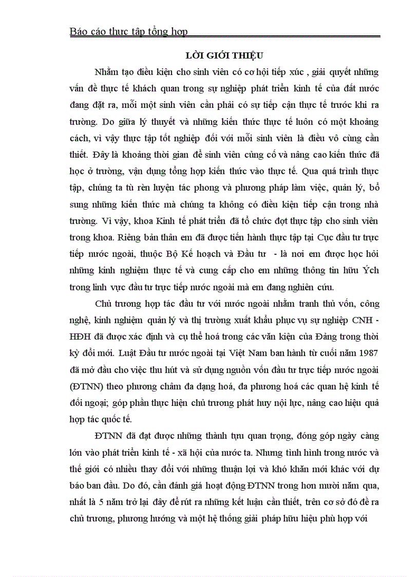 Báo cáo thực tập tổng hợp tại Bộ Kế hoạch Đầu tư và Cục ĐTNN