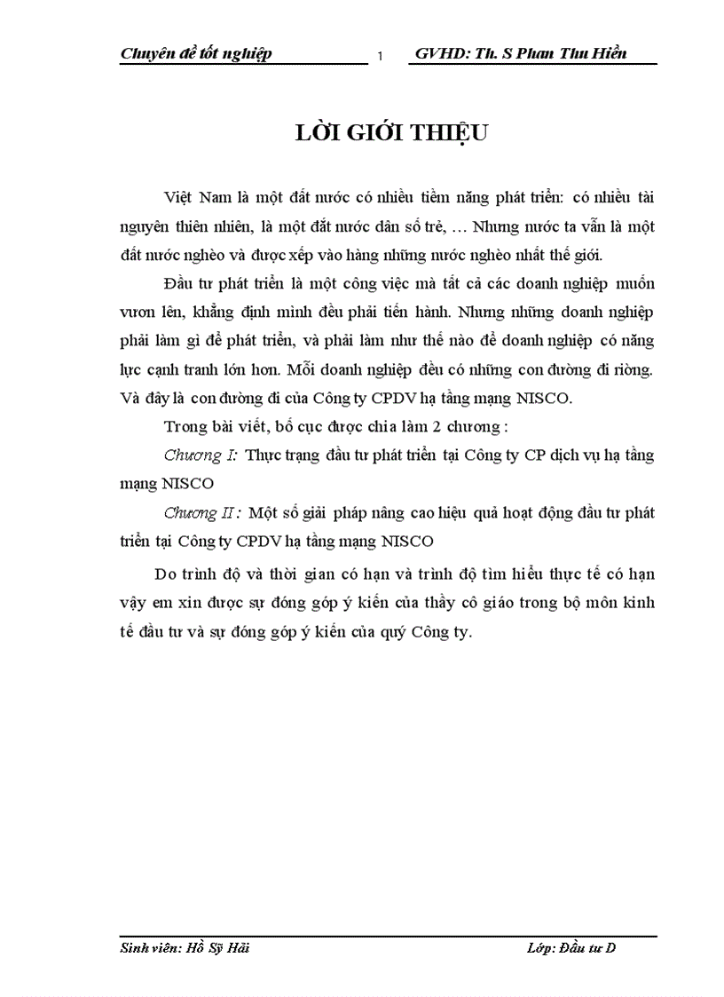 Một số giải pháp nâng cao hiệu quả hoạt động đầu tư phát triển tại Công ty CPDV hạ tầng mạng NISCO 1