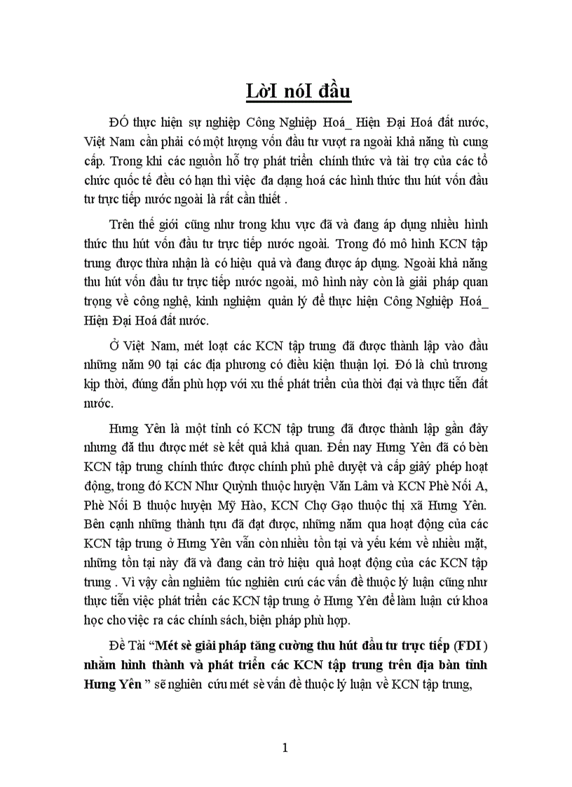 Một số giải pháp tăng cường thu hút đầu tư trực tiếp FDI nhằm hình thành và phát triển các KCN tập trung trên địa bàn tỉnh Hưng Yên 1