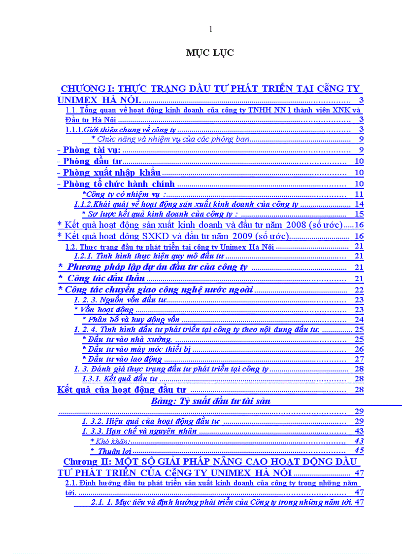 Đầu tư phát triển tại công ty TNHH NN 1 thành viên XNK và đầu tư hà nội Unimex Hà Nội