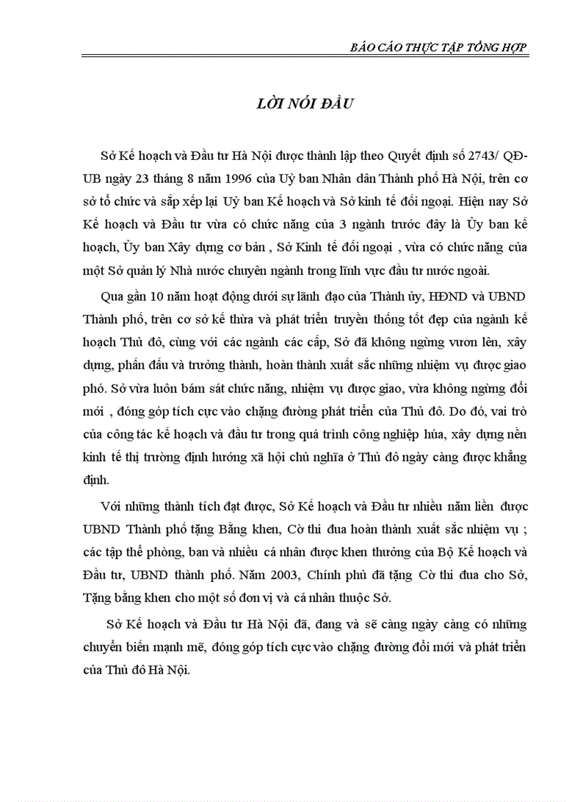 Báo cáo thực tập tổng hợp tại Sở Kế hoạch và Đầu tư Hà Nội
