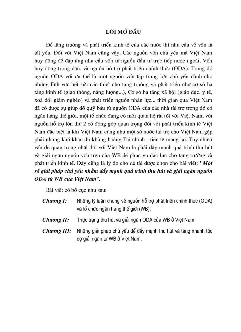 Một số giải pháp chủ yếu nhằm đẩy mạnh quá trình thu hút và giải ngân nguồn ODA từ WB của Việt Nam