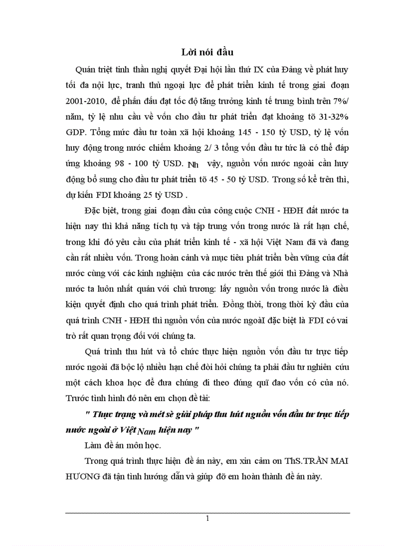 Thực trạng và một số giải pháp thu hút nguồn vốn đầu tư trực tiếp nước ngoài ở Việt Nam hiện nay 1