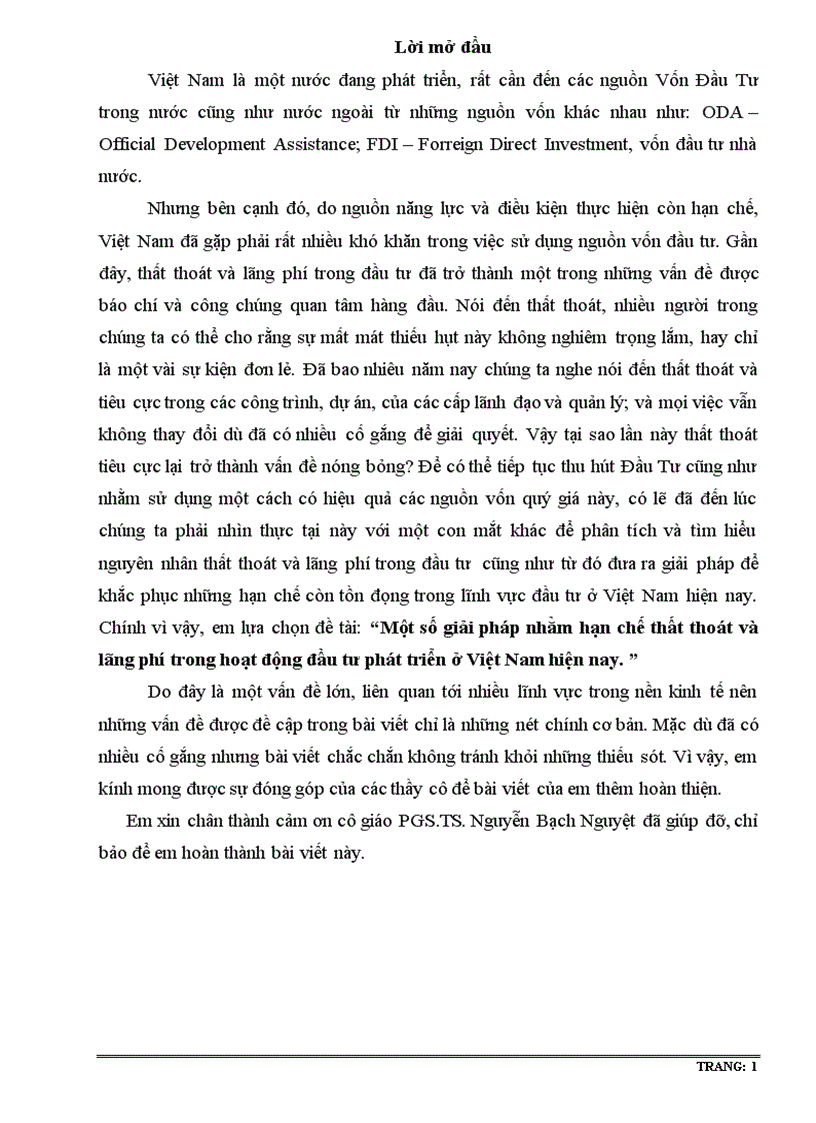 Một số giải pháp nhằm hạn chế thất thoát và lãng phí trong hoạt động đầu tư phát triển ở Việt Nam hiện nay 1
