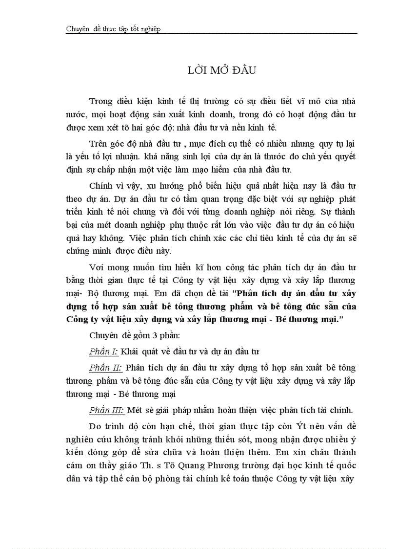 Phân tích dự án đầu tư xây dựng tổ hợp sản xuất bê tông thương phẩm và bê tông đúc sẵn của Công ty vật liệu xây dựng và xây lắp thương mại Bộ thương mại 1