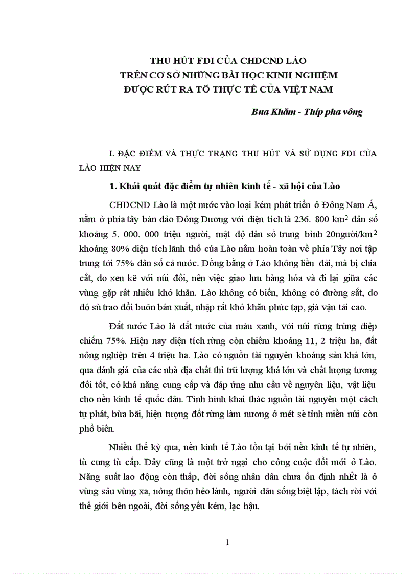 Thu hút FDI của CHDCND Lào trên cơ sở những bài học kinh nghiệm được rút ra từ thực tế của Việt Nam