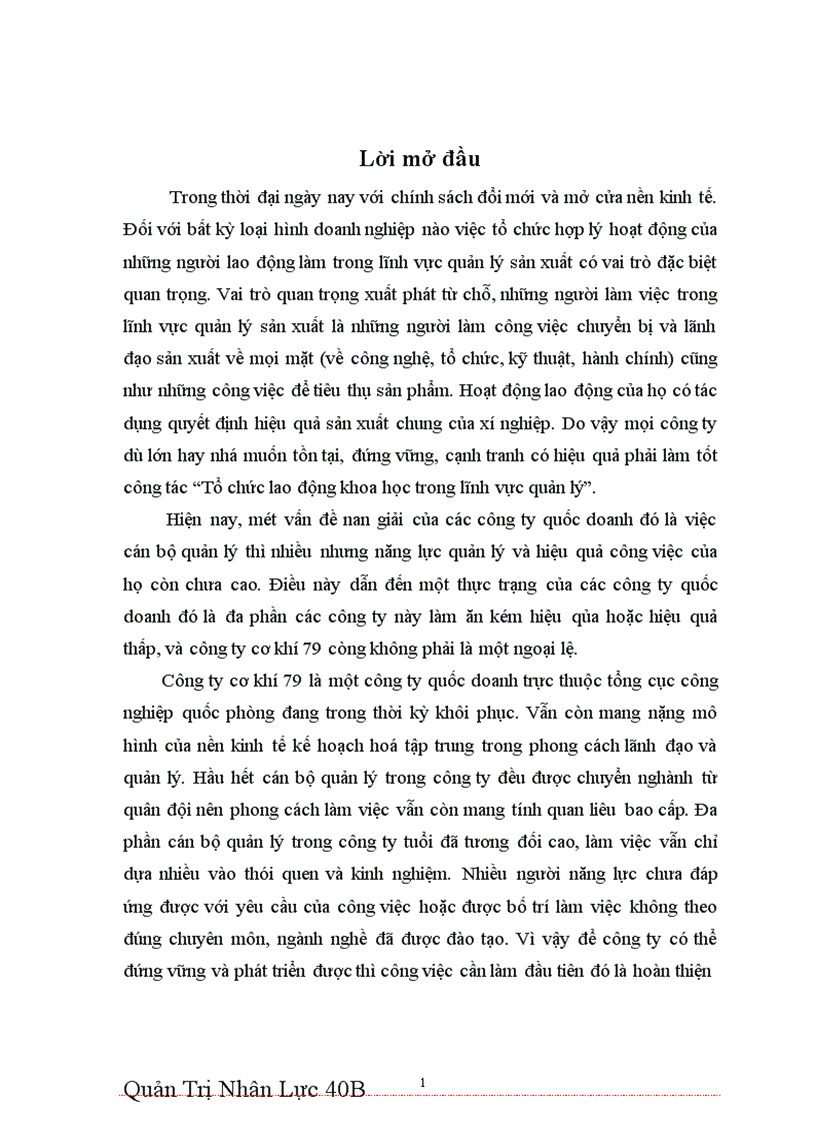 Một số ý kiến nhằm hoàn thiện công tác tổ chức lao động khoa học cho lao động quản lý tại Công ty cơ khí 79 1