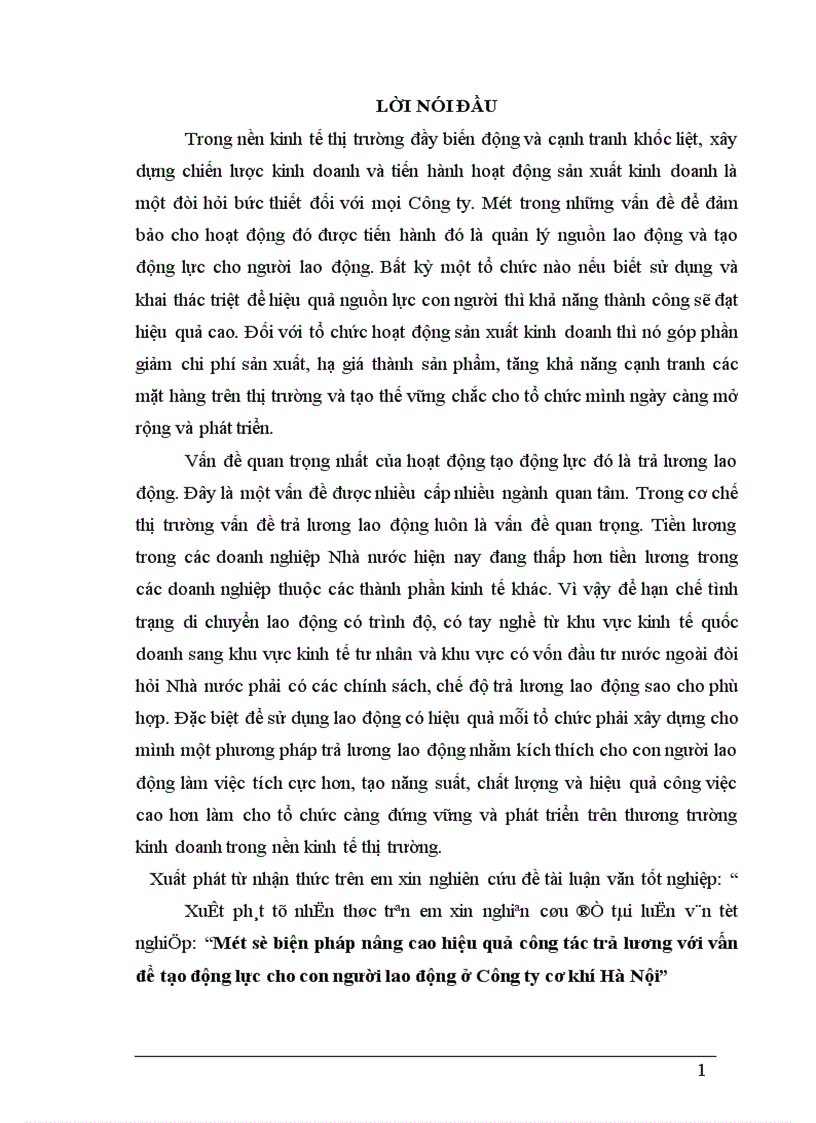 Một số biện pháp nâng cao hiệu quả công tác trả lương với vấn đề tạo động lực cho con người lao động ở Công ty cơ khí Hà Nội 1