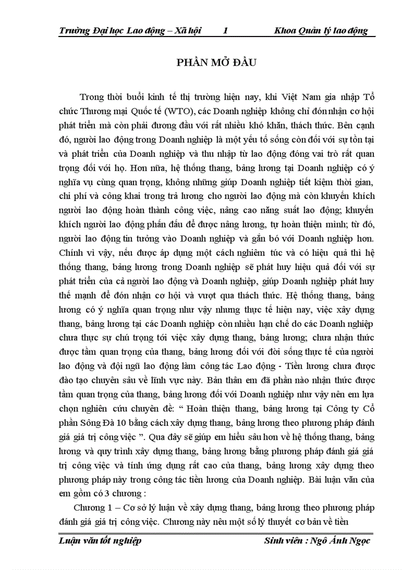 Hoàn thiện thang bảng lương tại Công ty Cổ phần Sông Đà 10 bằng cách xây dựng thang bảng lương theo phương pháp đánh giá giá trị công việc