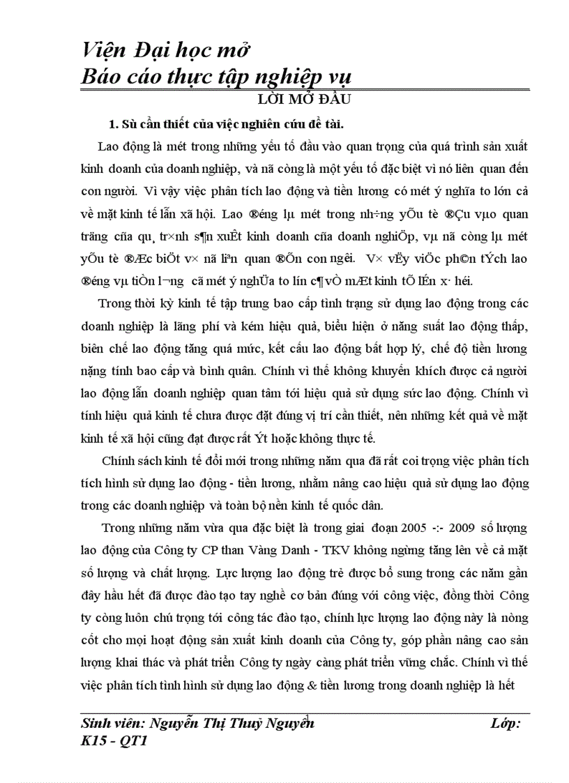 Tình hình sử dụng lao động và tiền lương của Công ty CP than Vàng TKV danh giai đoạn 2005 đến 2009