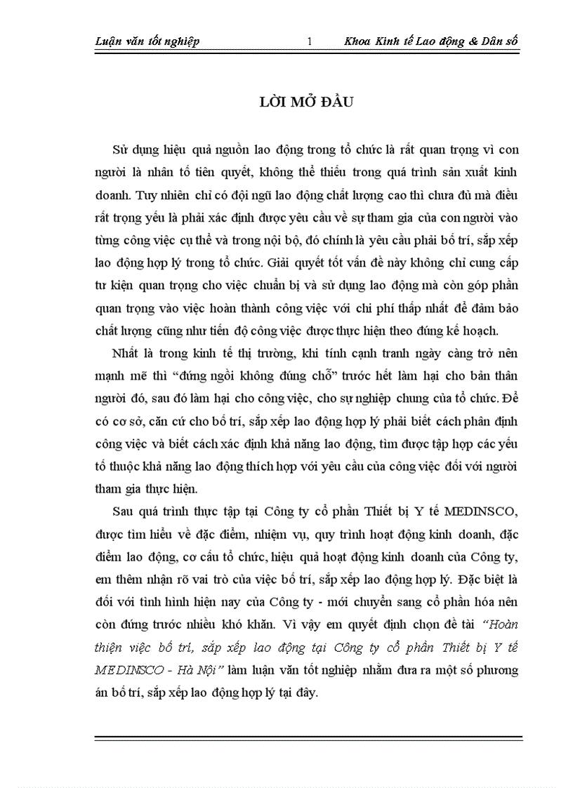 Hoàn thiện việc bố trí sắp xếp lao động tại Công ty cổ phần Thiết bị Y tế MEDINSCO Hà Nội 1