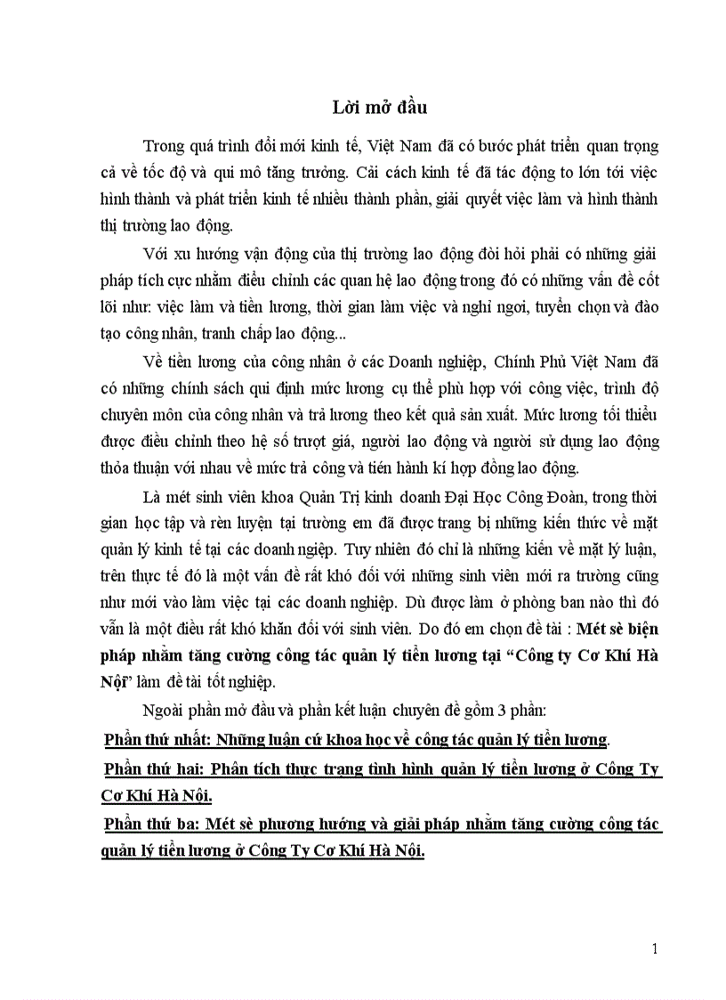 Một số biện pháp nhằm tăng cường công tác quản lý tiền lương tại Công ty Cơ Khí Hà Nội 1