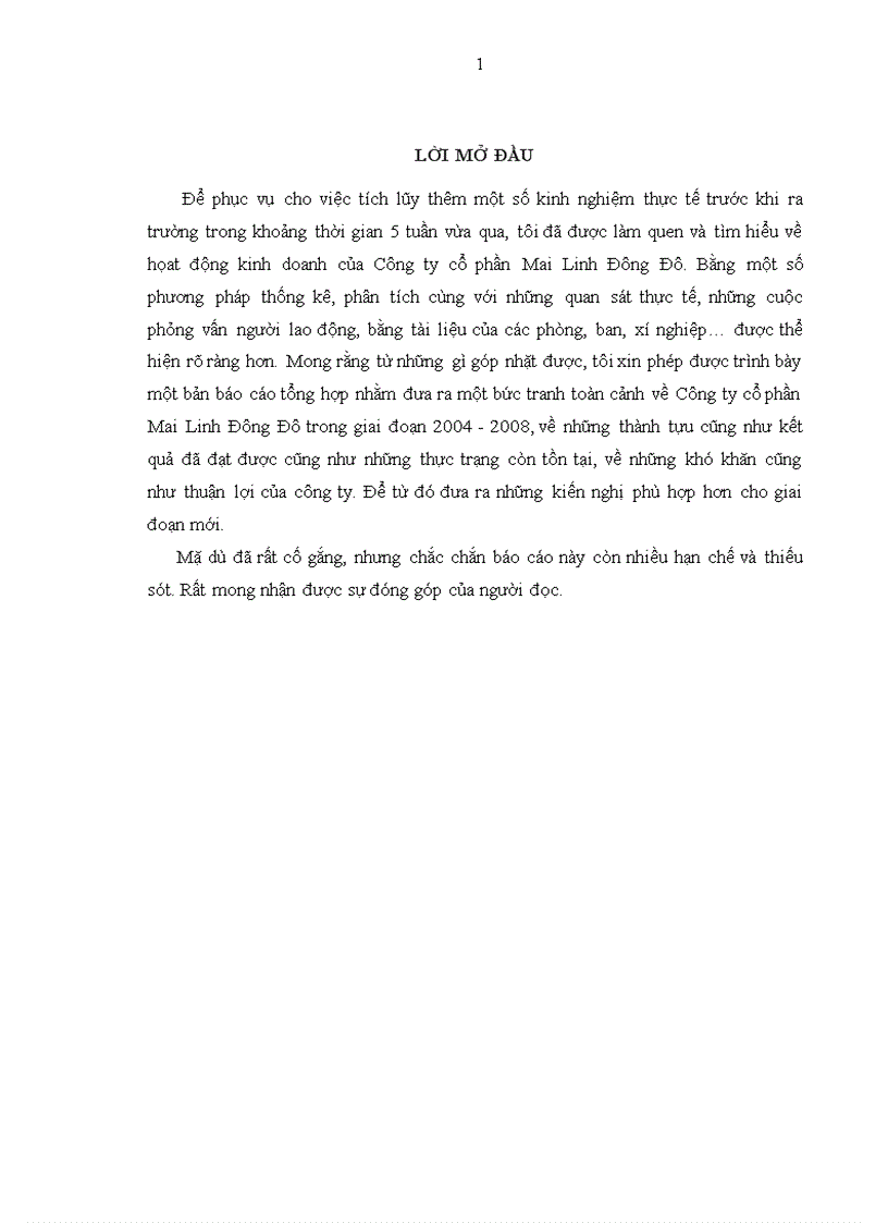 Báo cáo thực tập tổng hợp tại Công ty cổ phần mai linh đông đô