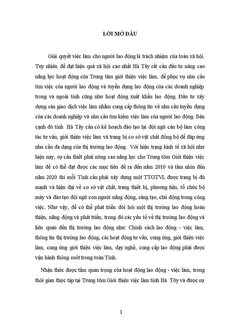 Đánh giá và nâng cao năng lực của Trung tâm Giới thiệu việc làm tỉnh Hà Tây 1